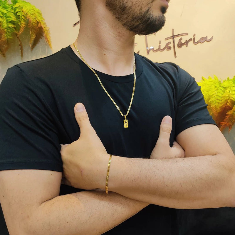 Kit Piastrine Ouro Velho Legítimo (Cordão, Cruz e Pulseira) - Streetwear UBN